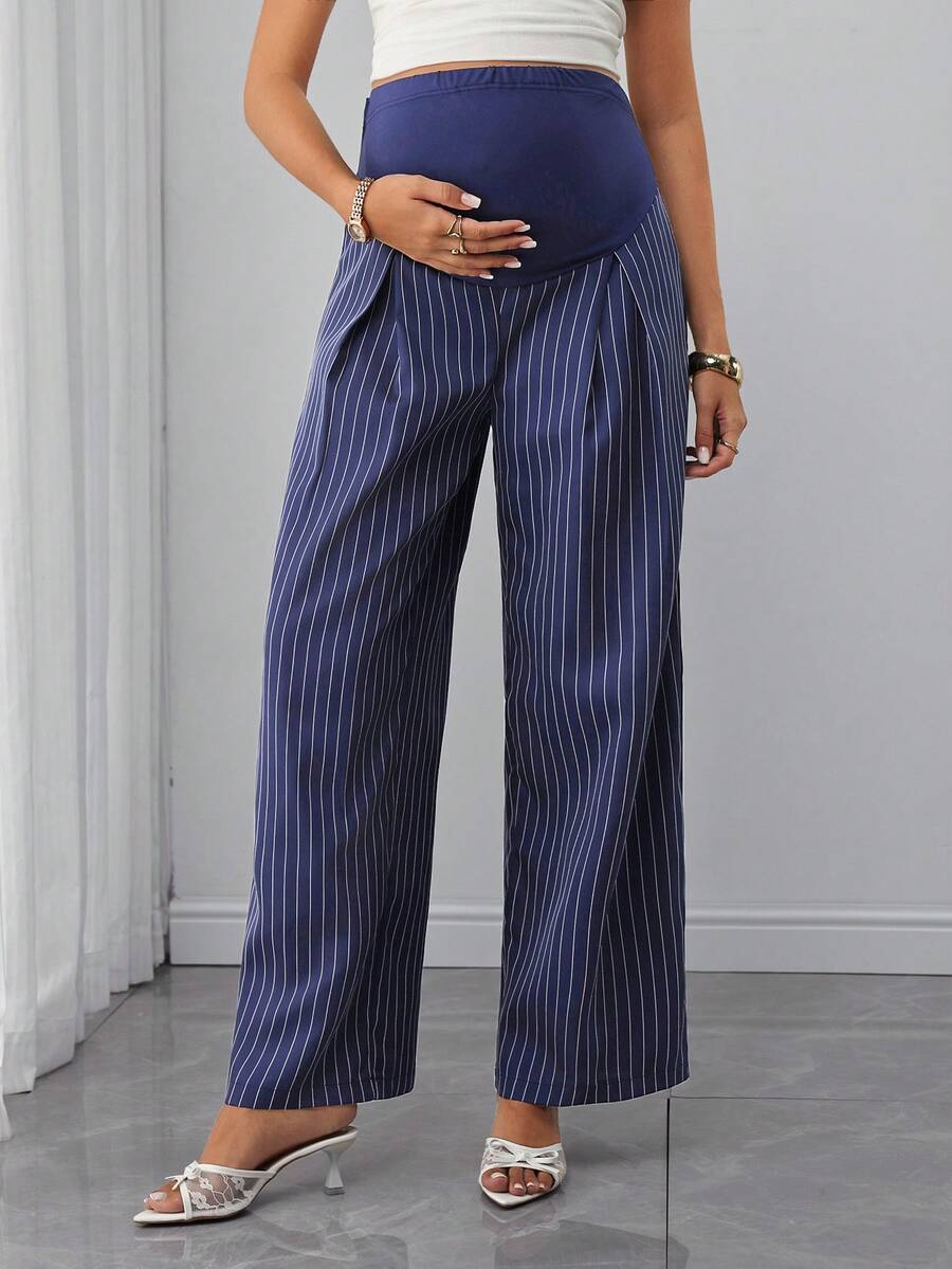 Momance Quần bầu hỗ trợ bụng, quần ống thẳng kẻ sọc - Màu xanh hải quân - Xem 1