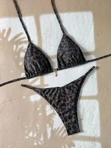 Swim Vcay 女士热带性感豹纹吊带比基尼套装，包含三角上衣和可调节泳裤，优雅沙滩度假比基尼套装，适合情人节穿着。 - 彩色 - 查看 2