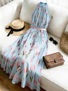 SHEIN Franclia Đầm nữ in kỹ thuật số mới, cổ yếm, ôm eo, thích hợp cho kỳ nghỉ biển và du lịch. - Màu xanh lam - Xem 3