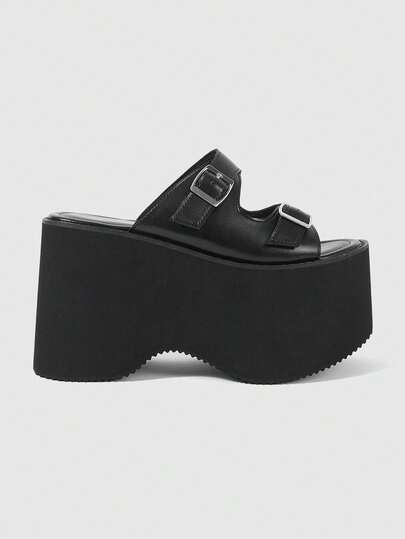 ROMWE Grunge Punk Giày sandal đế xuồng hở mũi khoét lỗ thời trang và thoải mái dành cho nữ, phong cách punk gothic, màu tối, quai kim loại co giãn khoét lỗ, khóa đôi, thiết kế xỏ chân tiện lợi, thích hợp cho các câu lạc bộ đêm, tiệc tùng, kỳ nghỉ và đi làm.