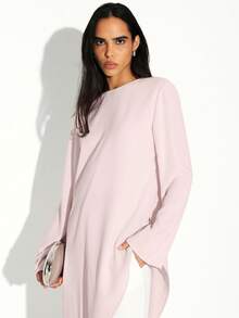 Asymmetric Hem Long Sleeve Flowing Blouse With High Low Draped Design And Crew Neckline For Casual Layered Fashion Style - Baby Pink - View 4