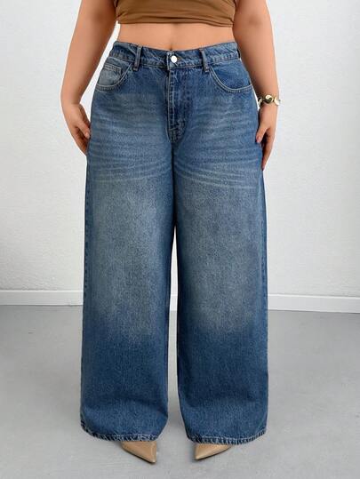 SHEIN Jeans de tiro alto de pierna ancha con detalles lavados y desgastados para tallas grandes