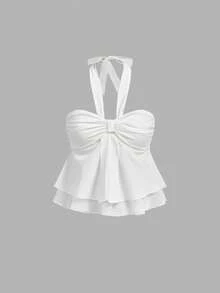 MOD Top de tirantes con volantes y pliegues de color rosa dulce para mujer, top corto de verano - Blanco - Ver 2