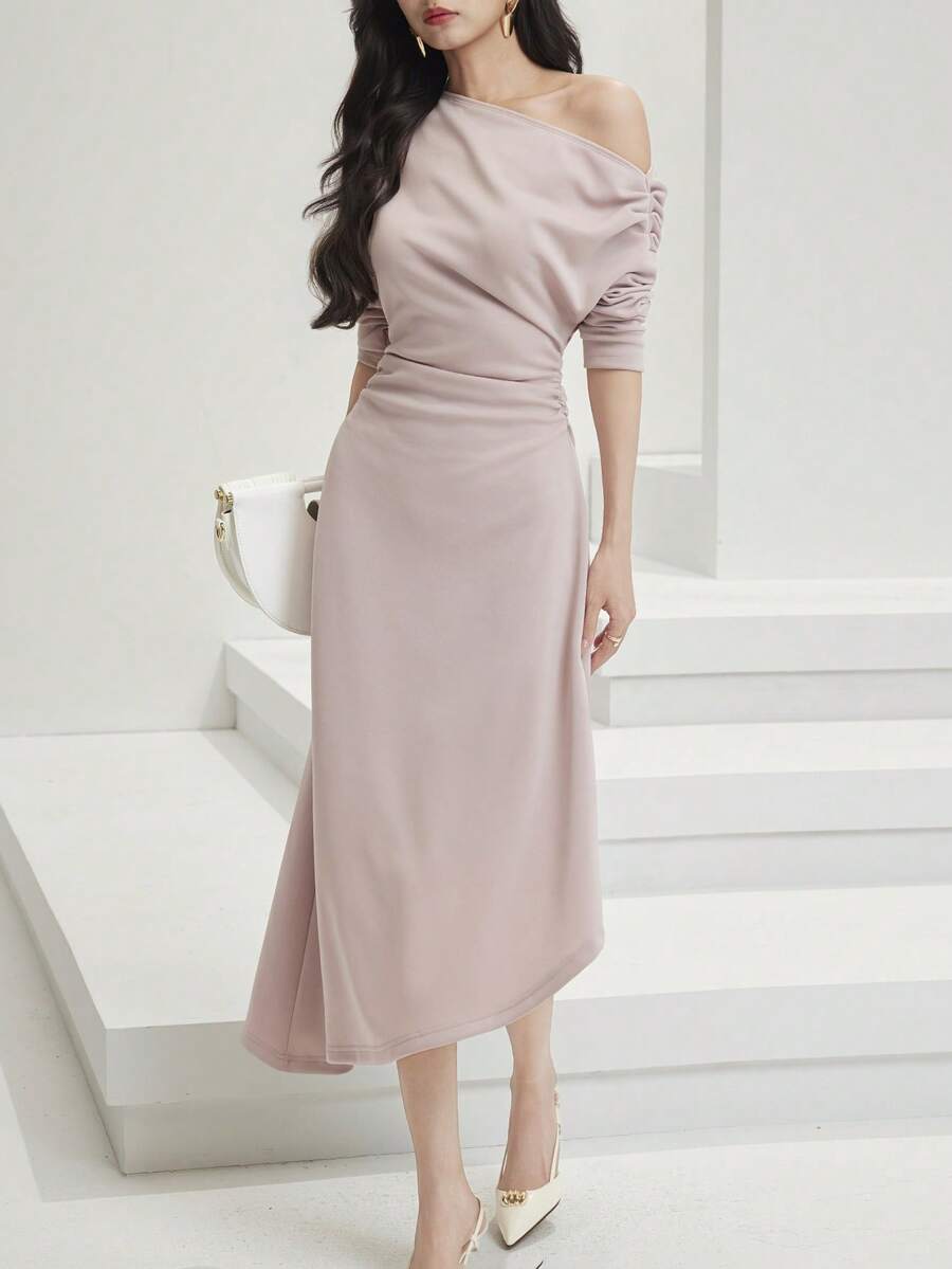 Heiryn Women's Elegant Commuter Solid Color Asymmetrical Mid-Length Dress - Dusty Pink - View 1