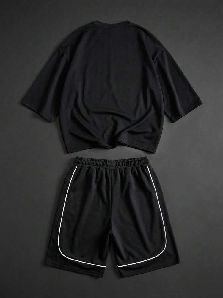 블랙 긴팔 오버사이즈 상의 및 반바지 세트 화이트 대비 파이핑 디테일 크루넥 캐주얼 스트리트웨어 투피스 의상