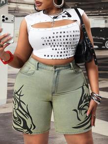 Slaydiva Plus Size Retro Vintage Print Flared Leg Jeans Women's Denim Shorts For Summer Brown - Light Wash - View 6