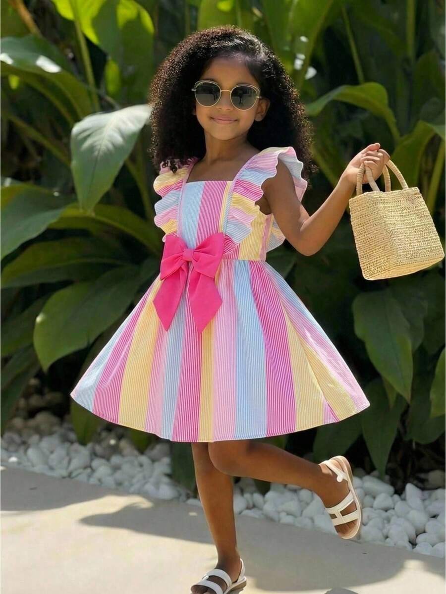 Colorful Striped Print Contrast Bow Ruffle Trim Short Sleeve Pink Casual Dress, Fashion Baby Daily Wear Dress, Spring/Summer Holiday Style - Multicolor - View 1