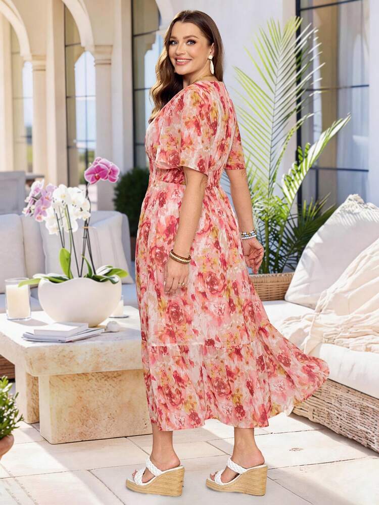 Plus Size Women's Summer Casual Vacation Floral Print Short Sleeve Casual Dress,Suitable For Summer Vacation,Casual Holiday Style,Summer Outfits For Women ,Vacation Outfits Women ,Holiday Outfits For Women,Going Out Outfits, New Clothes,Simple And Fashionable For Everyday Wear,Suitable For Summer, Vacation, Daily Wear, Festival Outfits For Women,Country Concert Outfit,Beach Outfits For Women,Western Style,Flowy Dress,Boho Dress