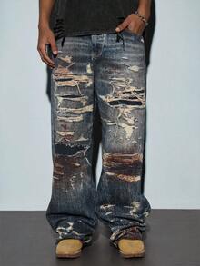 Modcrash 1 chiếc quần jeans nam denim màu xanh xám rách 3D kiểu Y2K dáng rộng, phù hợp với phong cách hiphop, nhiều size (không bao gồm thắt lưng và phụ kiện) - Màu xanh lam - Xem 4