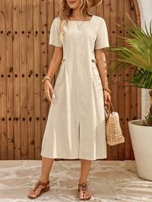 EMERY ROSE Đầm nữ mùa hè tối giản cổ tròn xẻ eo dáng lửng - Màu Khaki - Xem 3