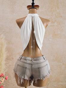 Bellisia Crossover Rhinestone Chain Detail Backless Halter Top Casual Summer - White - View 1