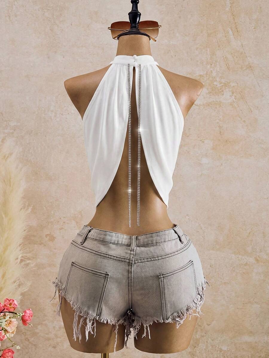 Bellisia Crossover Rhinestone Chain Detail Backless Halter Top Casual Summer - White - View 1