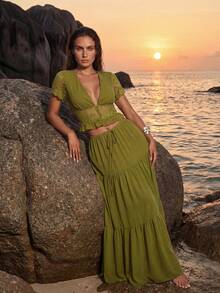 Swim Chiccia Jupe ample en mousseline de soie fluide, confortable et polyvalente, style minimaliste, pour le printemps/été - Vert olive - Voir 3