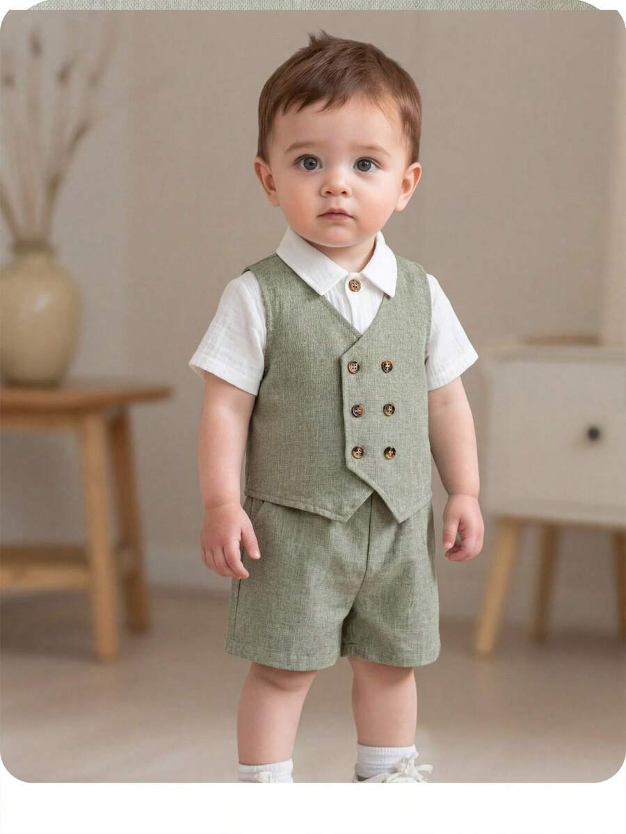 Baby Boy Gentleman Outfit - Vest And Shorts Set Formal Attire For Baby Boy Suits For Baby Boy Toddler Boy Dress Clothes Suit For Baby Photoshoot Outfit For Baby - Green - View 1