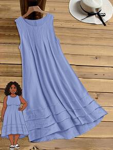 Rusticease Plus Size Women Casual Solid Color Sleeveless Dress, Summer - Blue - View 1