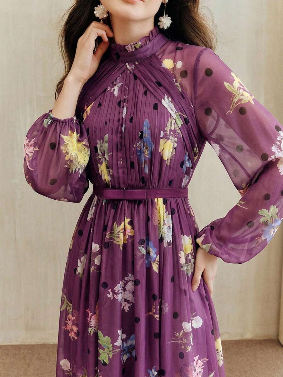 Anewsta 法式浪漫優雅度假風V領百褶收腰腰帶波點花卉印花長洋裝，節慶慶典休閒卡夫坦長袍禮服 - 紫色 - 查看 1