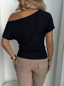 Aloruh T-shirt décontracté ajusté à épaule asymétrique de couleur unie vintage américain, printemps/été - Noir - Voir 2