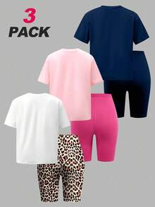 SHEIN ChillGRL Set de 6 piezas Conjunto informal de estilo callejero para adolescentes con camiseta gráfica y shorts de ciclista de 2 piezas - Multicolor - Ver 2
