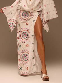 MUSERA 亚麻亮片装饰不对称长裙，夏季海滩度假性感可爱波西米亚风旅行节波查 - 白色 - 查看 3