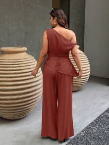 SHEIN LUNE Ensemble 2 pièces décontracté de vacances pour femmes grandes tailles, avec épaules froncées et tissu texturé, pour le printemps/été - Acajou - Voir 2