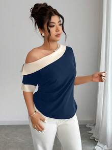 Elenzga Áo kiểu dáng rộng rãi, phối đen trắng, vai lệch, eo thắt, thích hợp cho mùa xuân/hè. - Màu xanh hải quân - Xem 5