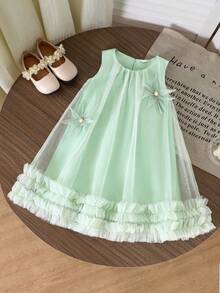 SHEIN Đầm hoa không tay màu vàng cho bé gái, kiểu dáng ngọt ngào và dễ thương, thanh lịch và sang trọng. - màu xanh lá - Xem 1