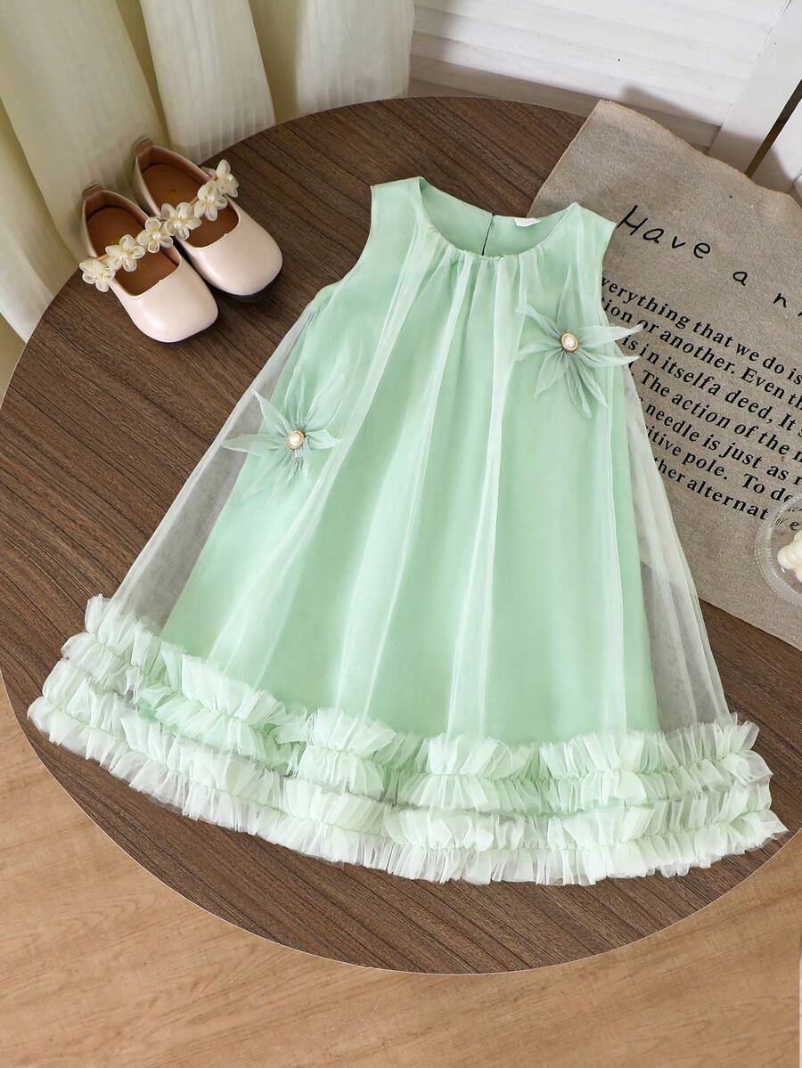 SHEIN Đầm hoa không tay màu vàng cho bé gái, kiểu dáng ngọt ngào và dễ thương, thanh lịch và sang trọng. - màu xanh lá - Xem 1