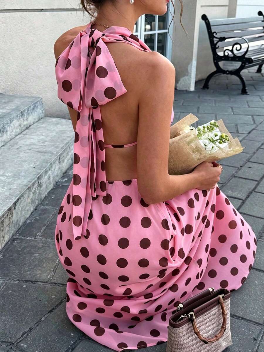 INAWLY B337: Women's Polka Dot Backless Dress,Summer - Pink - View 1