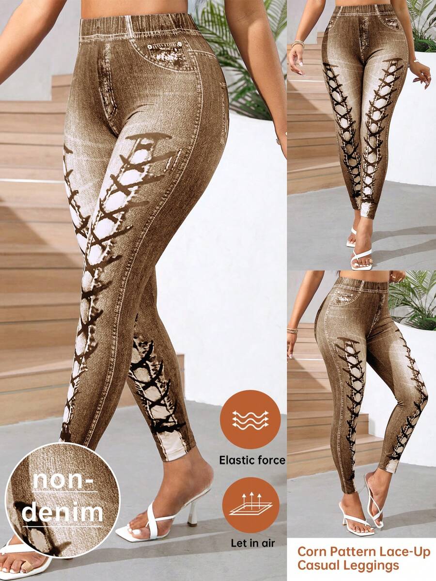 SHEIN Lady Women's Eyelet Pattern Lace-Up Casual Leggings - Brown - View 1