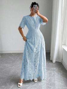 Elenzga Đầm ren cao cấp tan trong nước kiểu Pháp cỡ lớn, đầm ôm sát sang trọng, thanh lịch với họa tiết khoét rỗng tinh tế. - Màu xanh nhạt - Xem 3