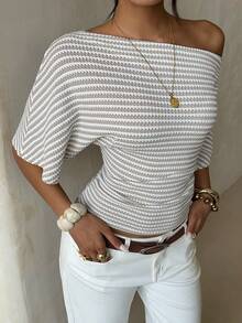 Aloruh Top holgado con hombro asimétrico y cintura ceñida, camiseta básica minimalista - Albaricoque - Ver 6
