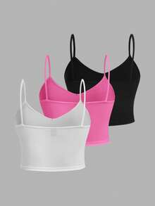 Comfortcana Bộ 3 áo hai dây ngắn ôm sát, màu trơn, đa năng dành cho nữ, thích hợp cho mùa hè. - Nhiều màu - Xem 2