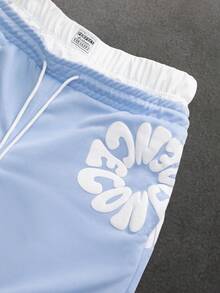SLATEMANN Men's Letter Print Drawstring Waist Pocket Casual Shorts, Holiday - Baby Blue - View 3