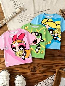 THE POWERPUFF GIRLS X SHEIN Áo thun ngắn tay cổ tròn in hình hoạt hình cho bé gái - Nhiều màu - Xem 1