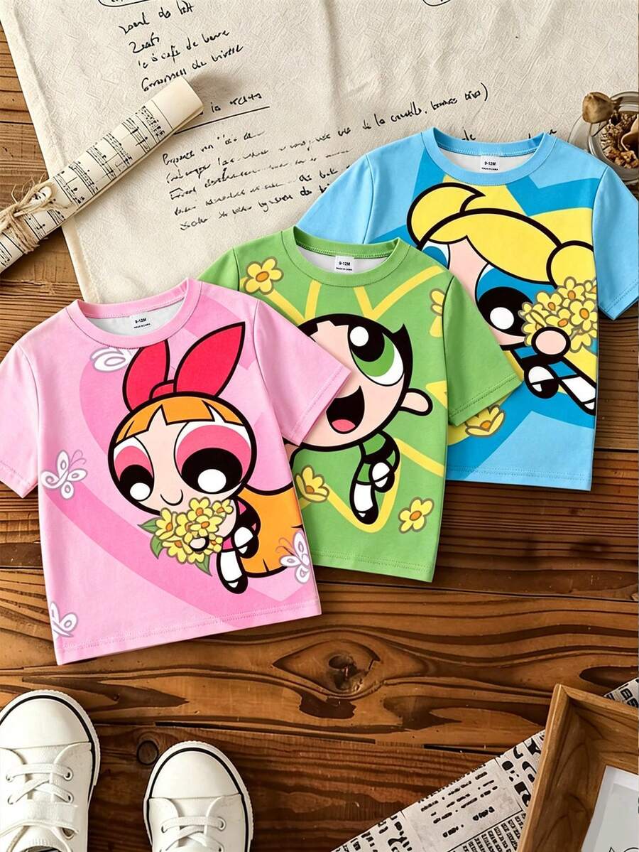 THE POWERPUFF GIRLS X SHEIN Áo thun ngắn tay cổ tròn in hình hoạt hình cho bé gái - Nhiều màu - Xem 1