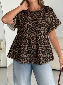 SHEIN Essnce Plus Size Women Round Neck Ruffle Trim Short Sleeve Blouse, Summer Leopard Print Top Cheetah Print Leopard Print Puppy Keep Ruffle Sleeve Top Womens Leopard Top Zoo Outfits Women Outfits To Hide Belly Fat - White - View 3