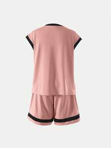 SHEIN Genkimix Kids 男童休闲运动日常穿着套装，包括圆领宽松字母印花短袖T恤和松紧腰宽松字母印花短裤，夏季男童篮球服 - 粉色 - 查看 2