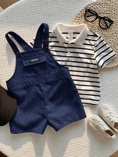 Conjunto de 2 piezas: Camiseta de manga corta con rayas de dibujos animados, estilo coreano casual y lindo para bebé niño y niña en verano