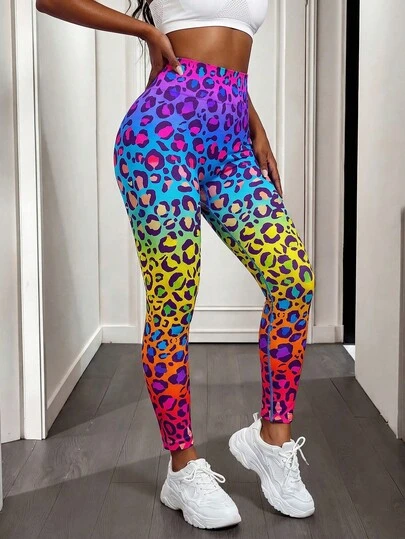 BamGleam 豹纹宽腰运动紧身裤健身紧身裤瑜伽女裤