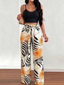 Silhoulove 2 peças/Conjunto Regata Feminina com Estampa Floral e Calça Pantalona com Cintura Elástica e Amarração na Frente - Multicolorido - Visão 3