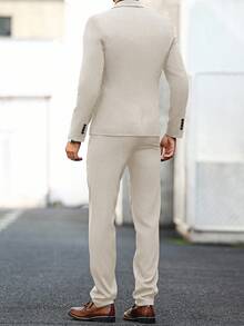 Manfinity Mode 男士休閒通勤西裝外套與長褲正式套裝，儀式適用 - 杏色 - 查看 2