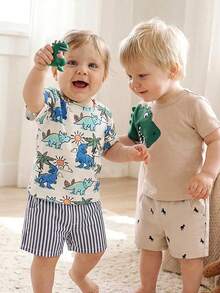 Cozy Pixies 2pcs Baby Boy Mustang Pattern Elastic Waist Casual Shorts Set, Versatile & Comfortable,Kids - Multicolor - View 7