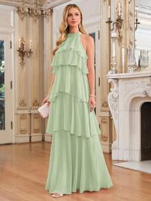 Vestido largo y fluido con cuello de halter y volantes en capas de color rosa elegante para vacaciones de verano - verde menta - Ver 7