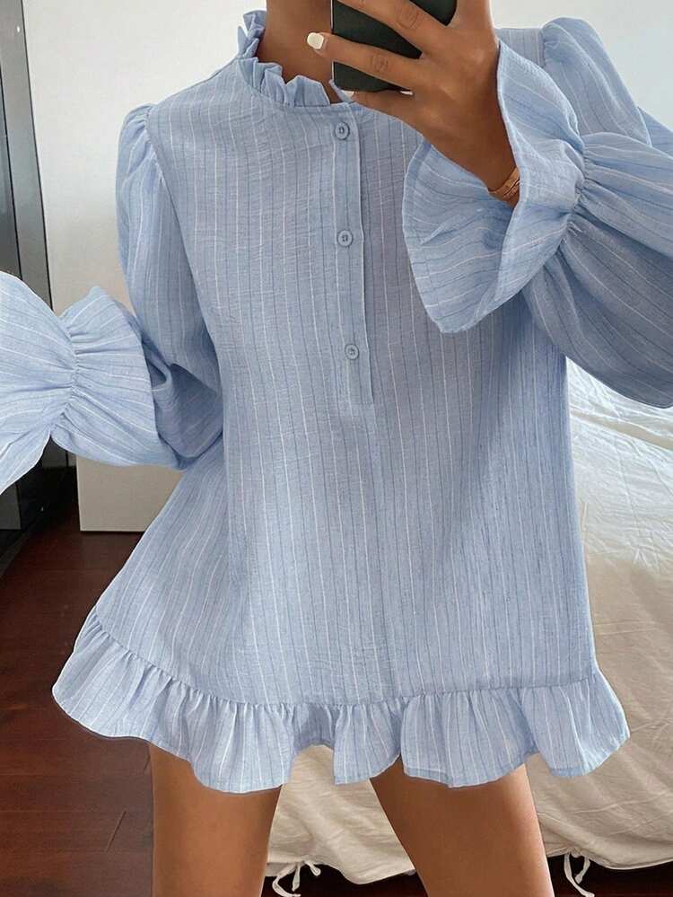 Striped Loose Long Sleeve Lace Trim Casual Vacation Summer Blouse For Women