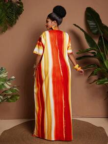 Maweii Plus Size Women's Vacation Dress, Yellow Ombre Color Block Print, V-Neck Design, Spring/Summer New Versatile Boho Long Sleeve Maxi Dress - Multicolor - View 2