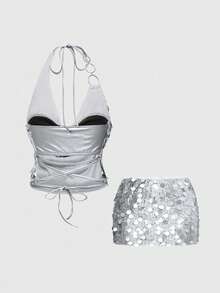 ROMWE Avant Bộ đồ hai mảnh gợi cảm phong cách Y2K dành cho nữ: áo crop top cổ yếm đính sequin và chân váy cạp trễ. - Bạc - Xem 2