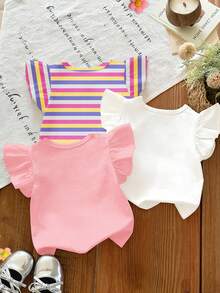 SHEIN 波希米亞碎花、溫柔紫色條紋、3D蝴蝶結圖案，年輕女孩休閒簡約百搭圓領短袖T恤 1件，適合春季 - 彩色 - 查看 2