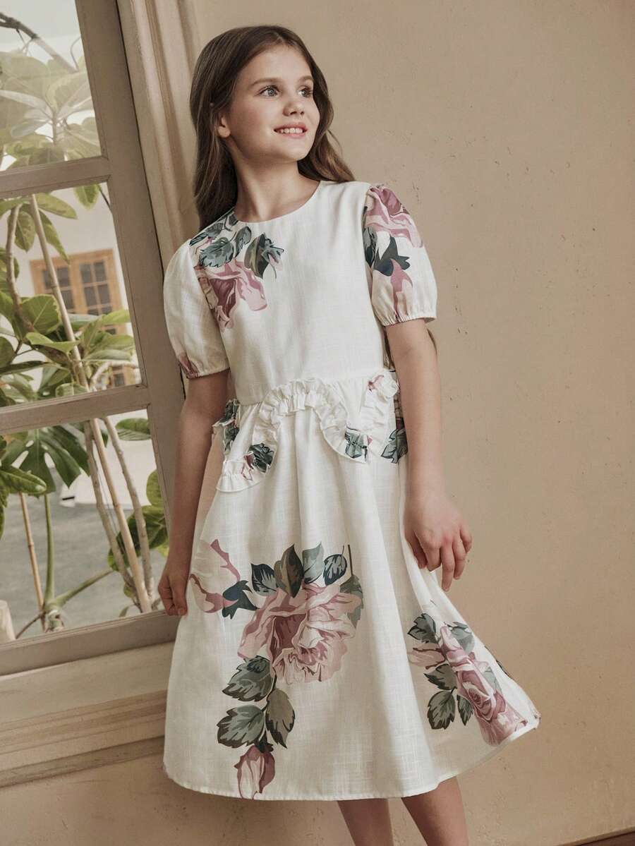 Anewsta 春夏圆领花瓣袖大碎花荷叶边A字女童连衣裙 - 白色 - 查看 1