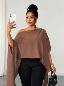 Maweii Große Größen Damen Sommer Asymmetrisches Lässig Pendler Minimalistisches Urlaubs Asymmetrisches Schulterhemd - Kaffeebraun - Übersicht 5