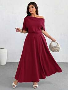 Firerie Plus Size Women's Fashionable Solid Color Off-Shoulder Long Dress - Red - View 4